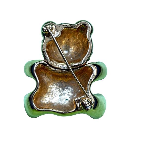 Vintage Teddy Bear Brooch Pin goldtone clear white & red rhinestone details - Picture 2 of 8